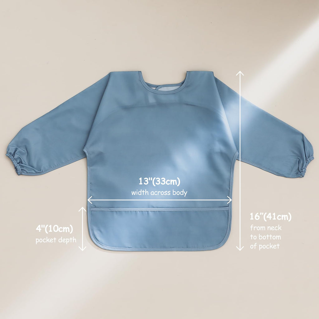 4 Pack Long Sleeve Bib, Reusable Bib with Catch-all Pocket, Waterproof Sleeved Smock for 6-30 Months Baby Boy or Girl