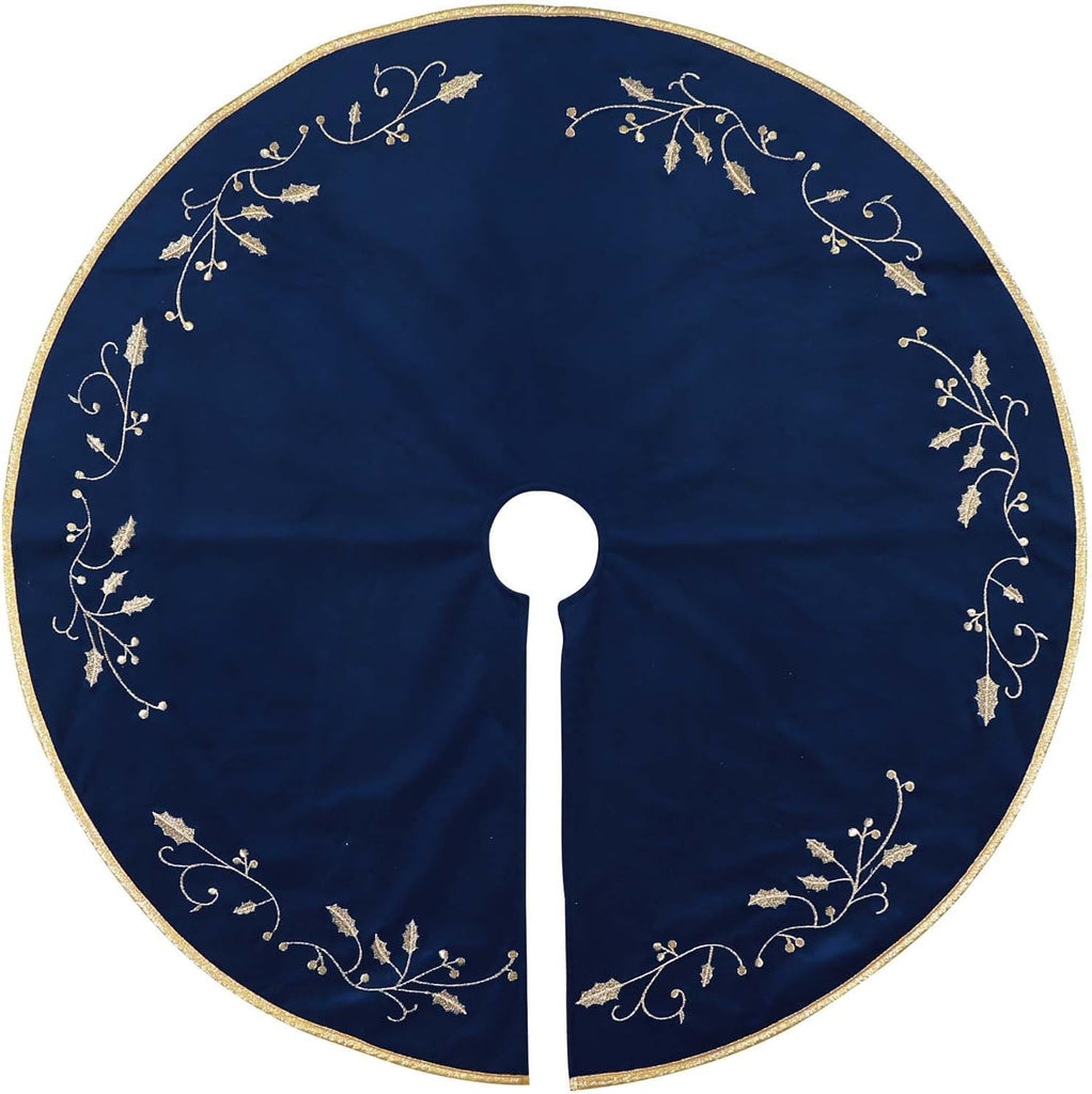 Christmas Tree Skirt, 36 inches Large Velvet Fur Plush Blue Tree Skirt, Xmas Tree Skirts with Gold Embroidered Holly