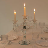 Crystal 3-Arm Candelabra Taper Candle Holder with Hanging Prisms & Round Mirror Base - Faceted Cut Glass Design - 14"