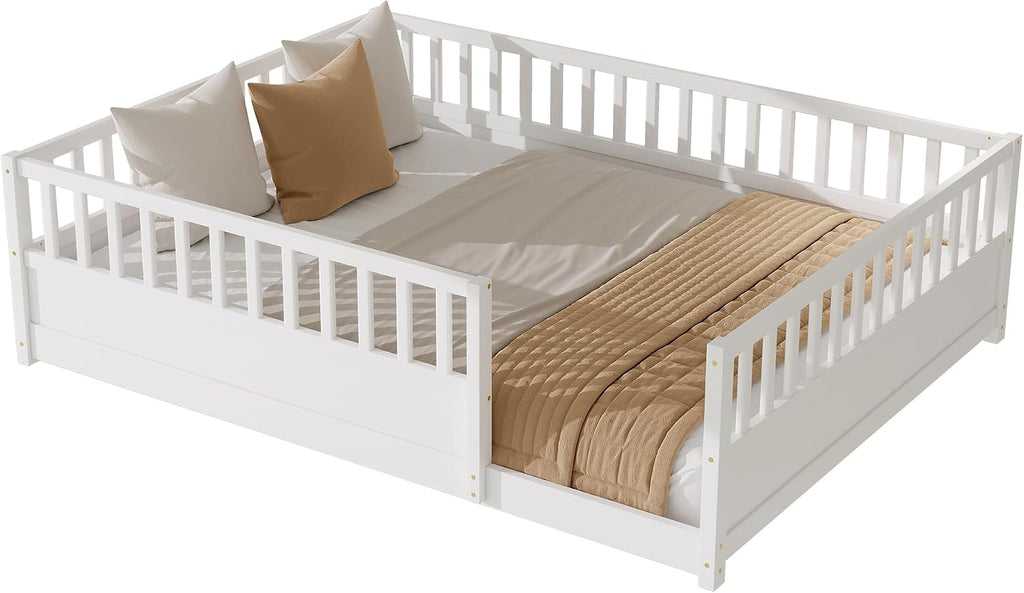 Kids Montessori Floor Bed Frame with High Fence, White