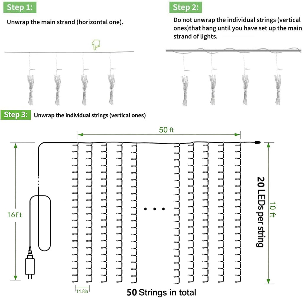 LED Curtain Lights Outdoor 50ft x10ft, 1000 LED Plug in Hanging String Lights Indoor Bedroom, Twinkle Light Backdrop