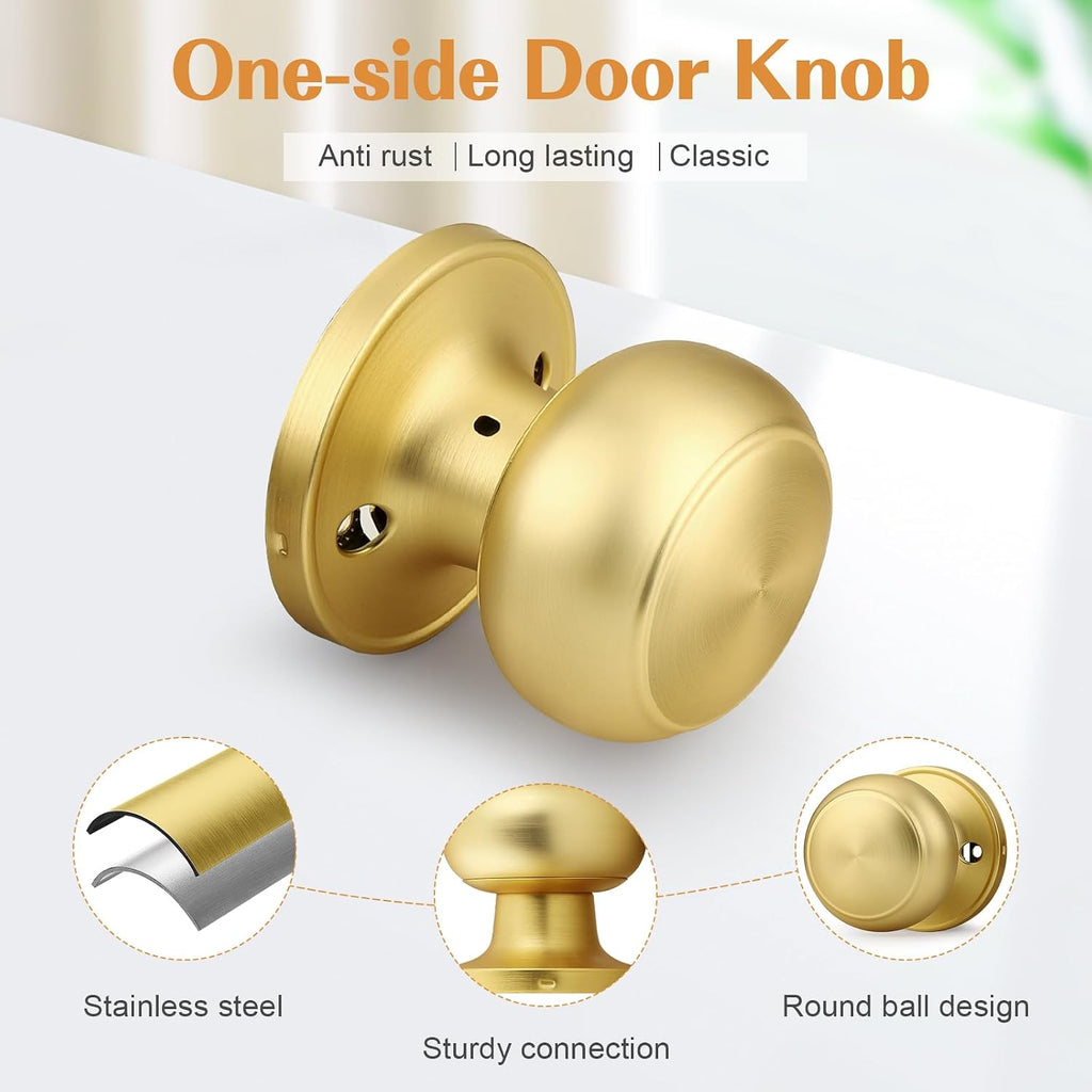 Gold Door Knob One Side 2 Pack, Fake Door Handles Dummy Function for Closet French Doors, Brushed Brass Finish