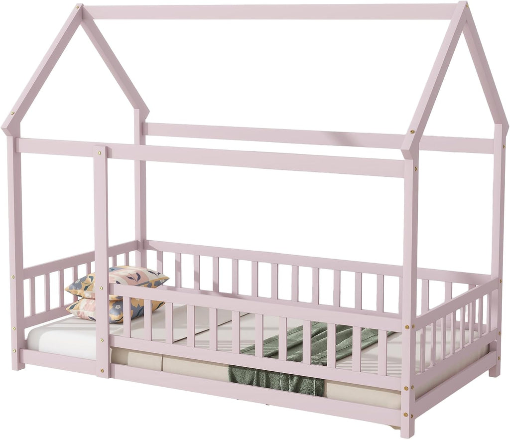 Montessori Floor Bed, White Wooden Canopy Bed, Pink