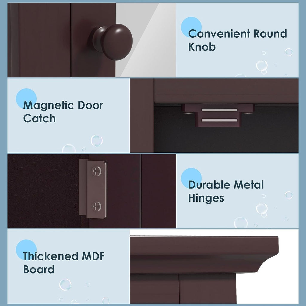 Brown Medicine Cabinet with Mirror, Wall Mounted Adjustable Storage