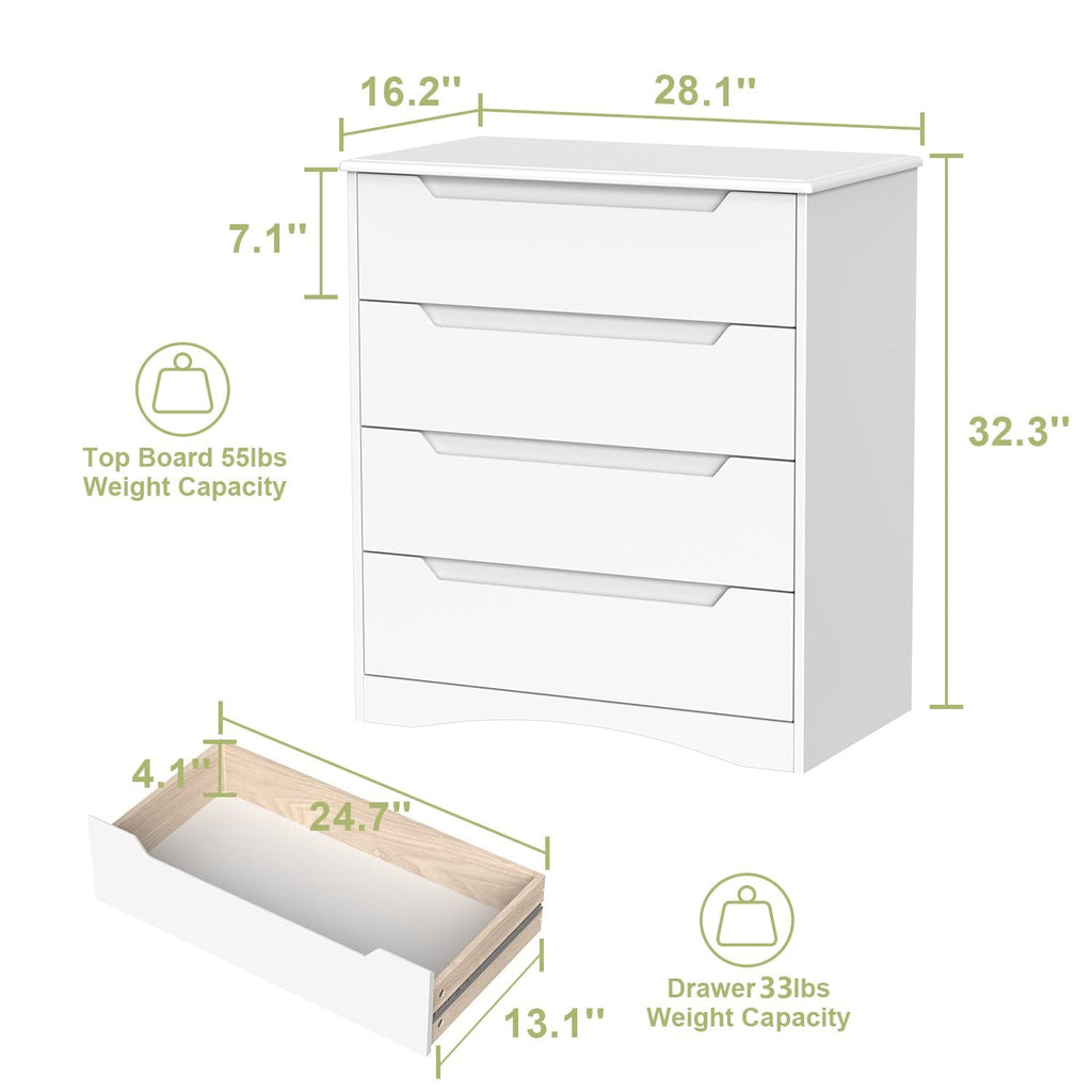 4 Drawer, Sturdy White Chest of Drawers, White