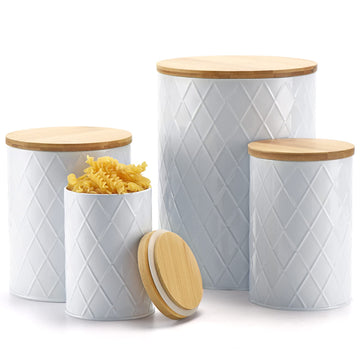 White Kitchen Canisters Set with Bamboo Lids, Airtight Sugar, Flour, Coffee, Cookie Storage Canister Sets Countertop