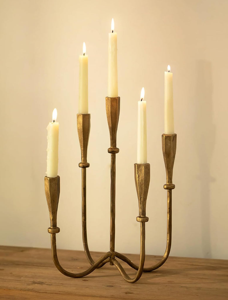 Iron Taper Candle Holders: Gold Tall Candelabra for Candlestick - Antique Brass Candle Stick Holder 5 Arm