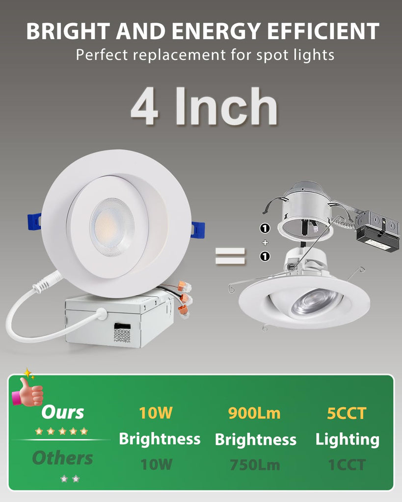 4 Inch Gimbal LED Recessed Lights, 5CCT, 10W 980LM, White 1 Pack