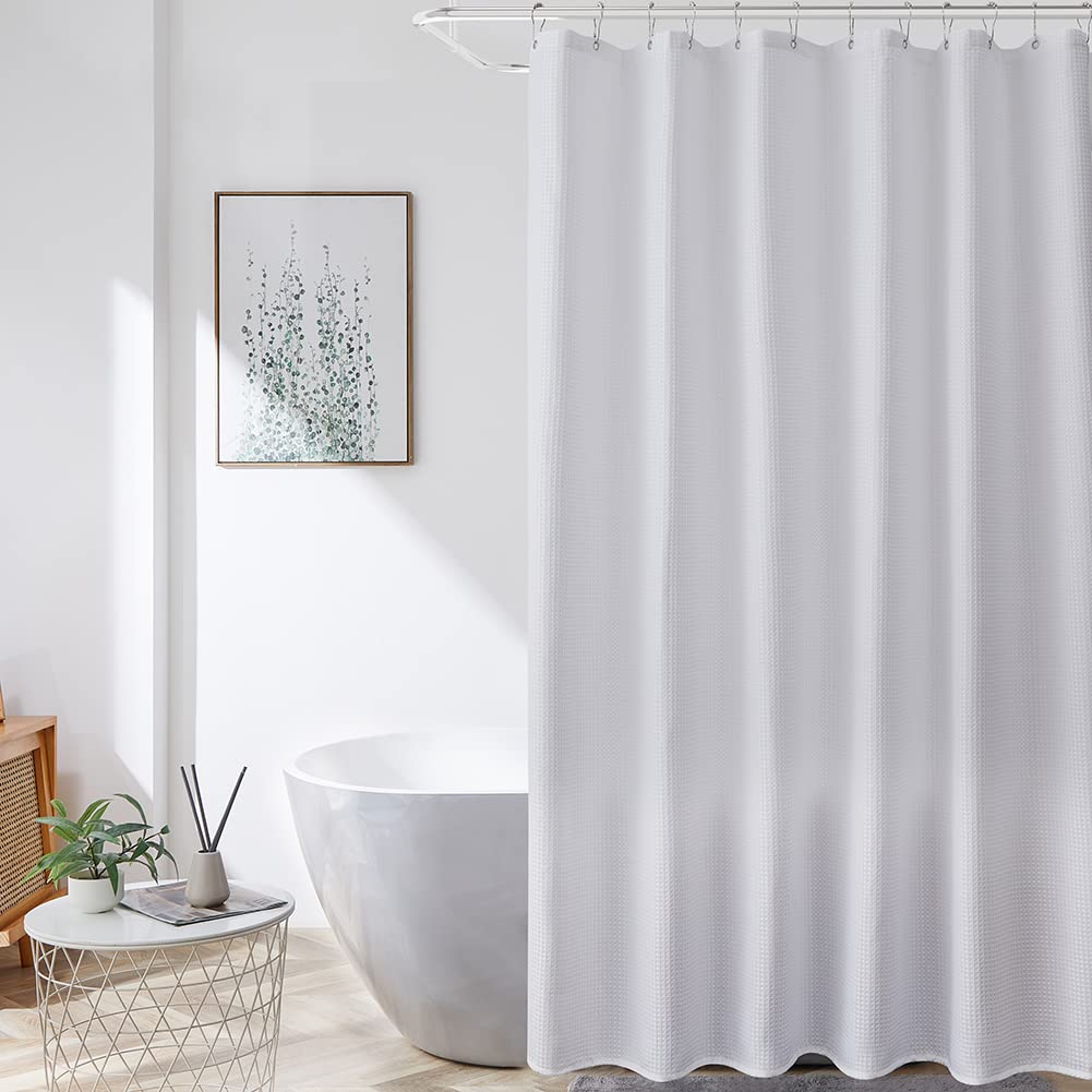 White Extra Long Shower Curtain 96 Inch Length, Waffle Weave Shower Curta Luxury Spa, Waterproof Fabric Bathroom