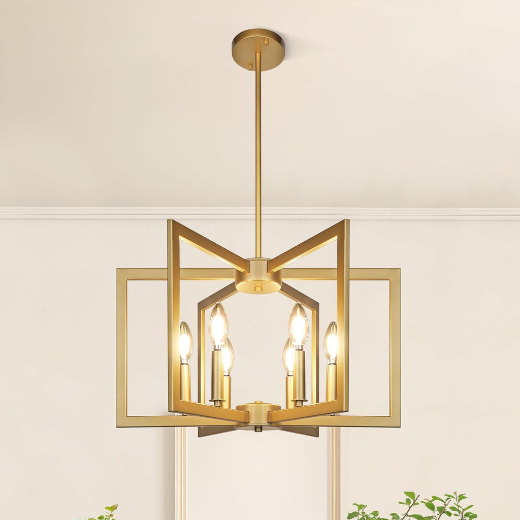6-Light Gold Pendant Light, Modern Farmhouse Dining Room Light Fixtures Over Table, Industrial Metal Geometric