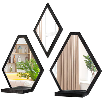 Design Wall Mount Decorative Mirrors- Set of 3, Geometric Rustic Wood Real Mirror with Shelf Wall Art Décor
