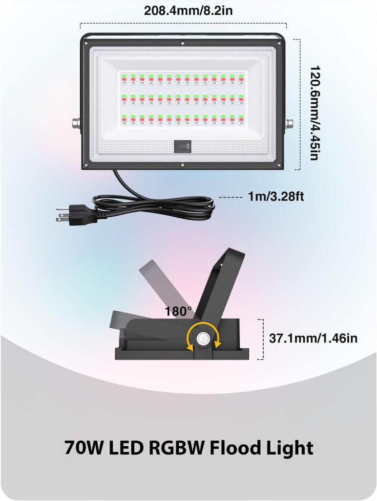 2 Pack LED RGBW Flood Lights Outdoor 70W, 2700K Warm White Dimmable Million Color Changing Floodlight Waterproof with