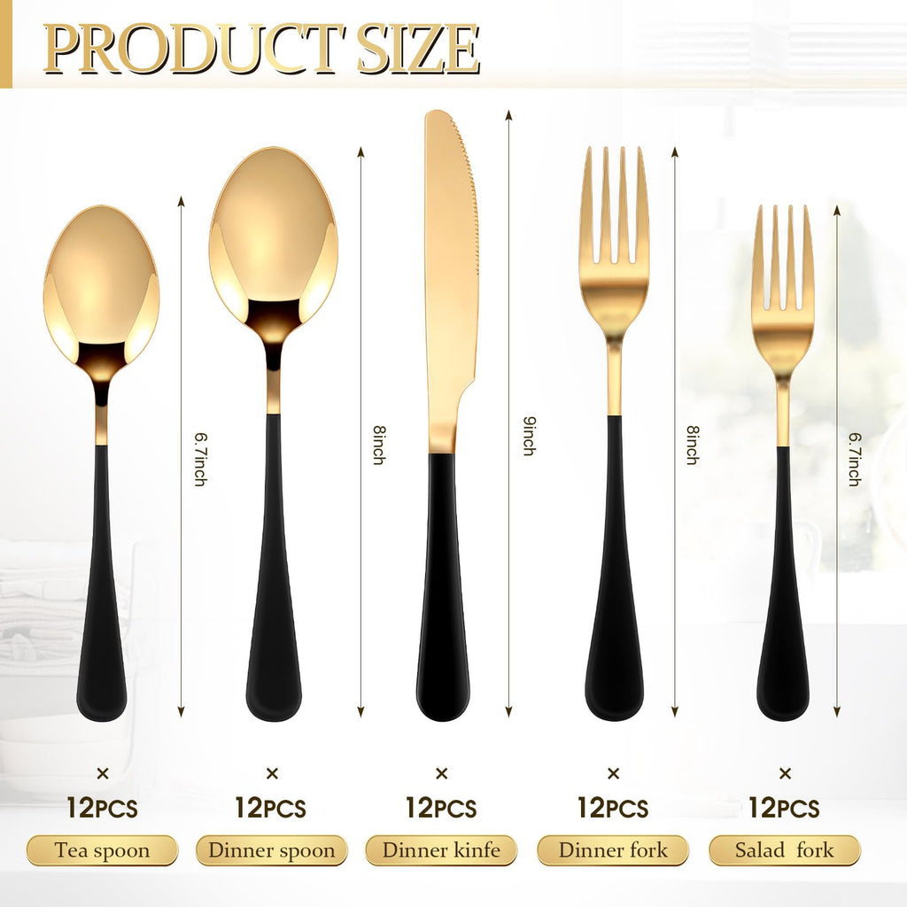 60 Pcs Gold and Black Silverware Set Stainless Steel for 12 Guest