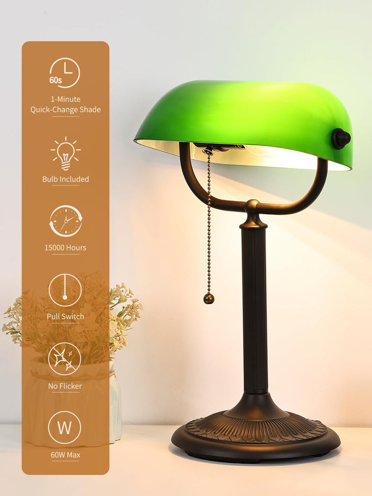 Quick-Change Shade Antique Green Glass Bankers Desk Lamp