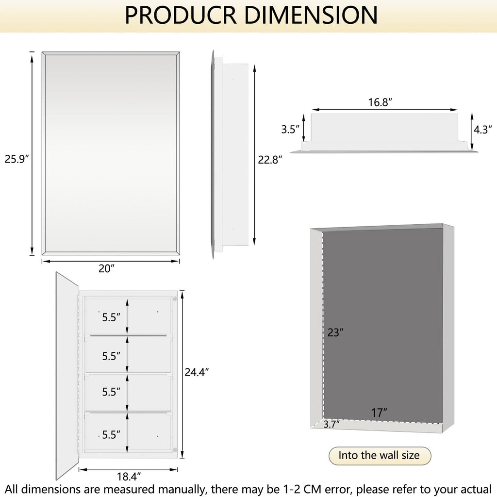 Bathroom Medicine Cabinet with Mirror, 20x26 Inch Rectangular Beveled Mirror Cabinet, Wall Mounted Metal Cabinet