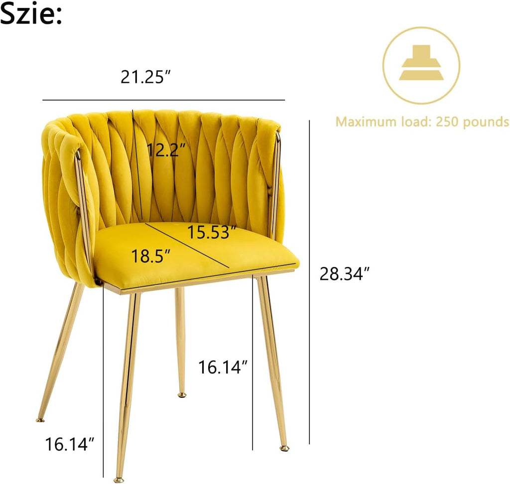 Woven Velvet Dining Chairs Set of 6, Upholstered Accent Chairs with Gold Metal Legs, Modern Dining Room Chairs, Yellow