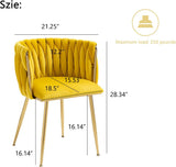 Woven Velvet Dining Chairs Set of 6, Upholstered Accent Chairs with Gold Metal Legs, Modern Dining Room Chairs, Yellow