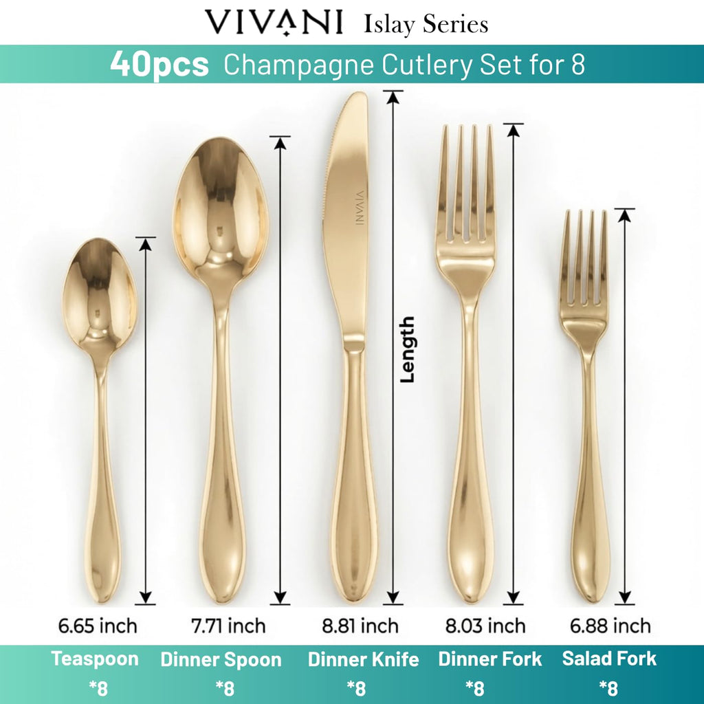40pcs Champagne Gold Silverware Set, 18/0 Stainless Steel Flatware