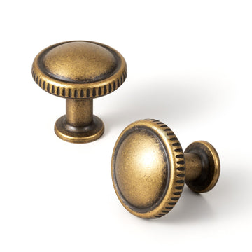 Antique Brass Cabinet Knobs 1-3/16 in Round, Single Hole 6 Pack