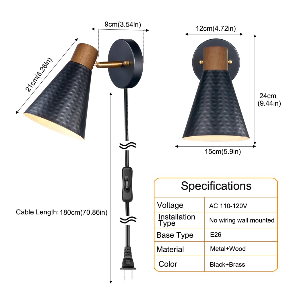 Black Plug in Wall Sconces Set of 2, Modern Bedroom Wall Light with on/off Cord, Wooden Plug Sconce with Hammered
