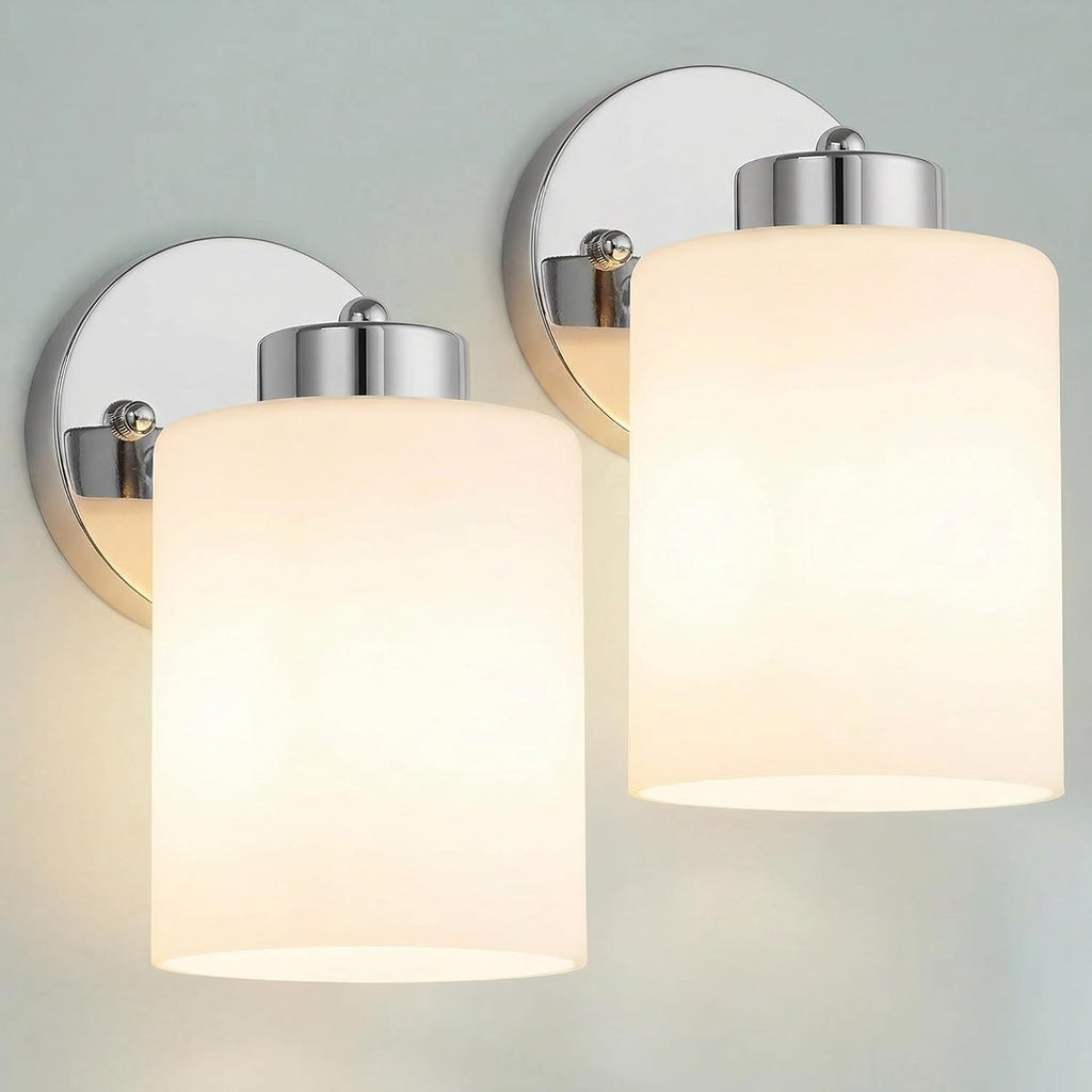 Frosted Wall Sconce Set of Two,Chrome Sconce Bathroom Lighting,Modern Chrome Vanity Light,Mid-Century Vanity Sconces