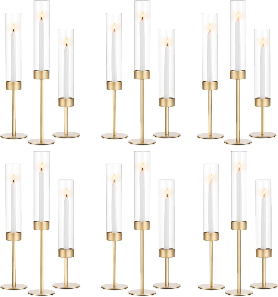 Glass Hurricane Candlestick Holders Gold - 18 PCS Taper Candle Holder Bulk Tall Clear Glass Cylinder Table