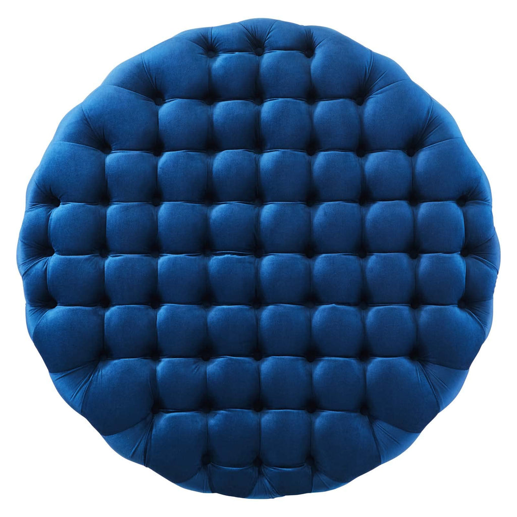 Amour Tufted Button Large Round Performance Velvet Ottoman in Navy