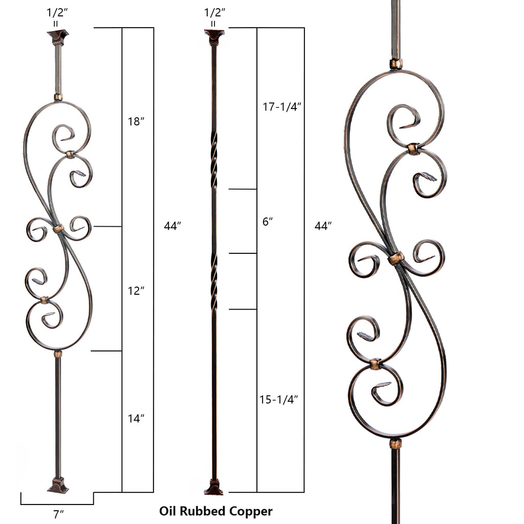 Oil Rubbed Copper Staircase Balusters - 1/2inch x 44inch, Metallic Railing Featuring Radiant Sheen S-Shaped Floral