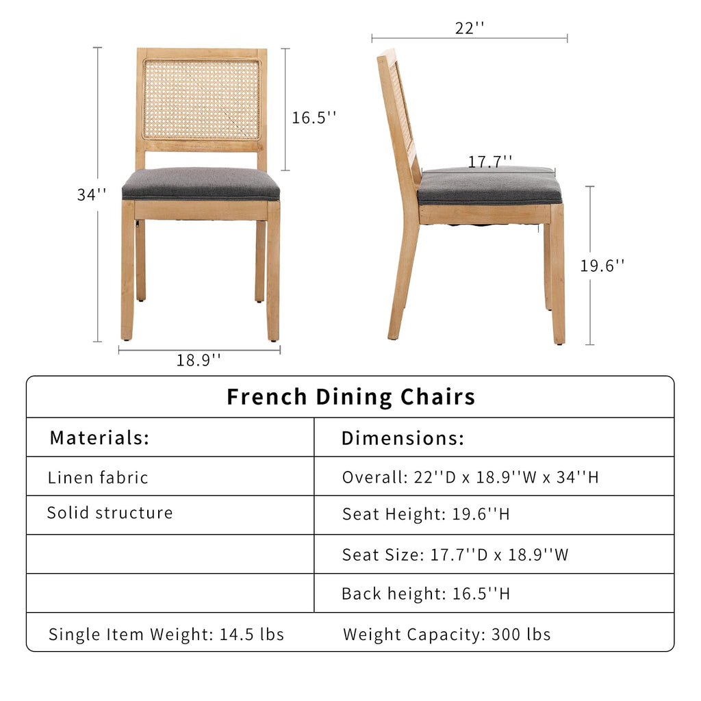 French Country Dining Chairs Set of 8, Grey Modern Kitchen & Dining Room Chairs, Rattan Dining Chair with Linen