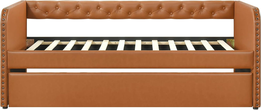 Faux Leather Daybed with Trundle, Solid Wood Frame, Nailhead Trim, Wood Slat Support, Button Tufted Trundle Day Bed