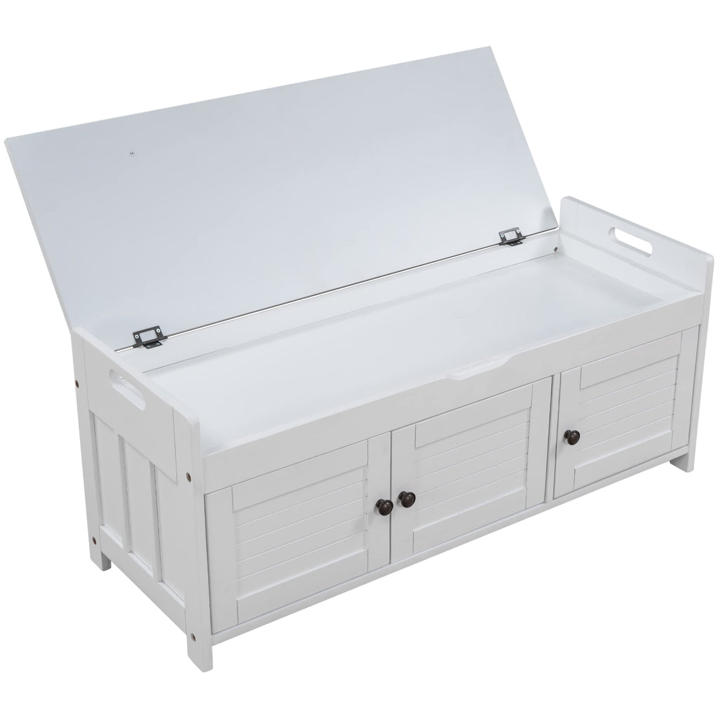 Upholstered Storage Ottoman with Removable Cushion, Wooden Entryway Bench with 3 Shutter-Shaped Doors and Hidden