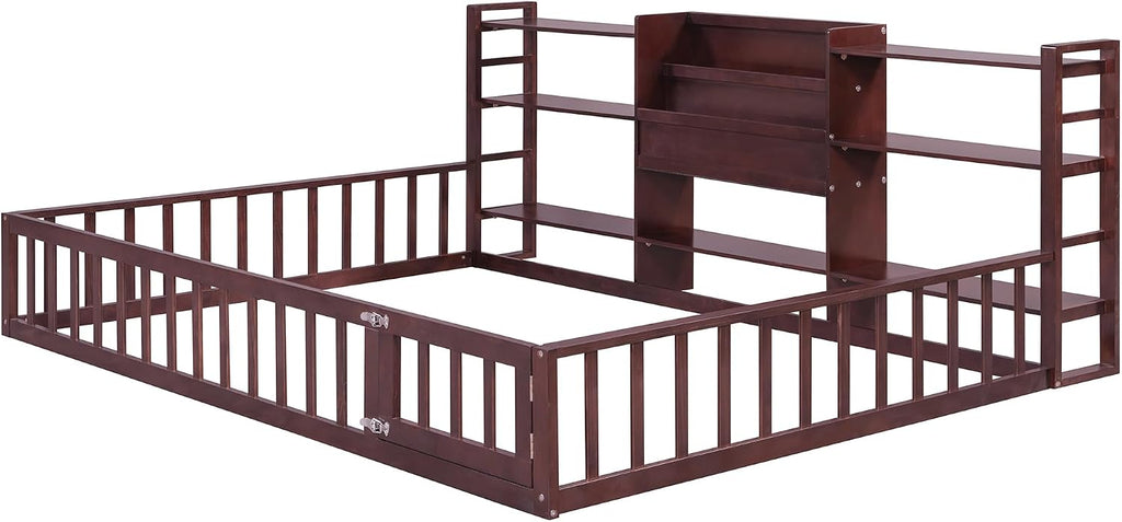 Montessori Floor Bed with Bookcase, Shelves and Fence