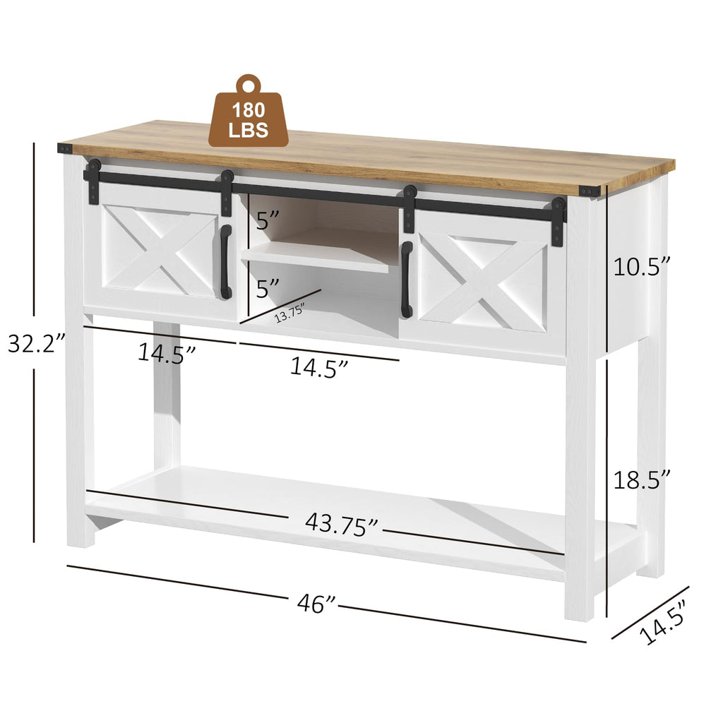 Farmhouse Entryway Table with LED Light, Sofa Table with Sliding Barn Door, Adjustable Open Shelves, 46" Rustic
