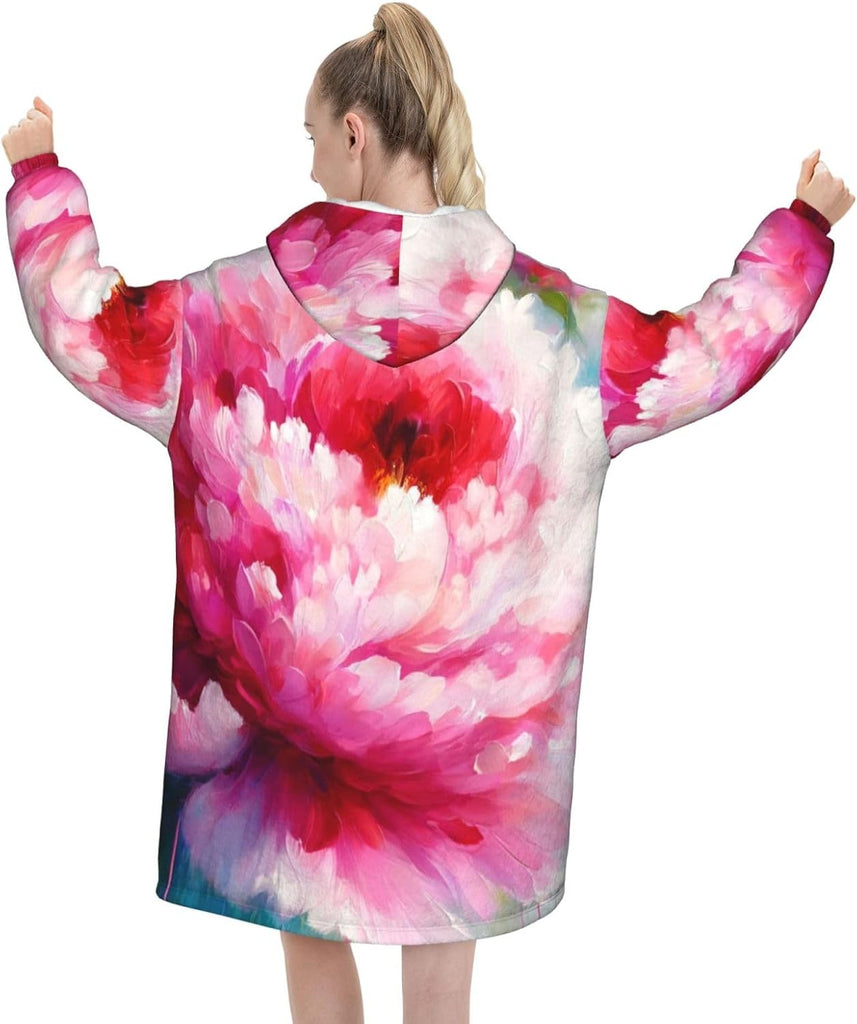 Oversized Adult Long Sleeve Flannel Hoodie Blanket Peony-Flowers-Painting Soft Fuzzy Hooded Sweatshirt Lounging