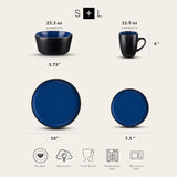 Albie Stoneware 16-Piece Modern Dinnerware Set, Kitchen Plates and Bowls Sets, Service for 4, Blue and Black