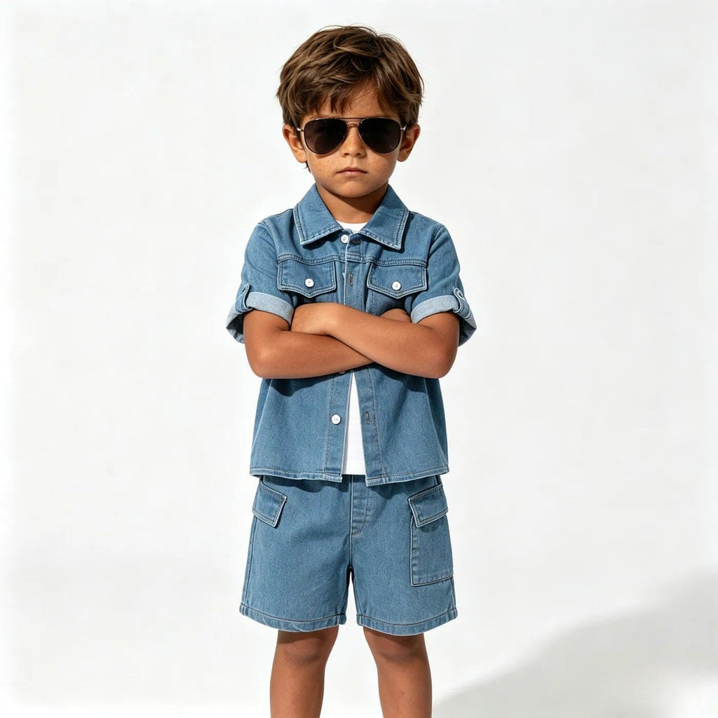 Klyatpxen 2Pcs Toddler Boys Denim Outfit Short Sleeve Button Up Jean Jacket Denim Shorts Summer Spring Clothing Set