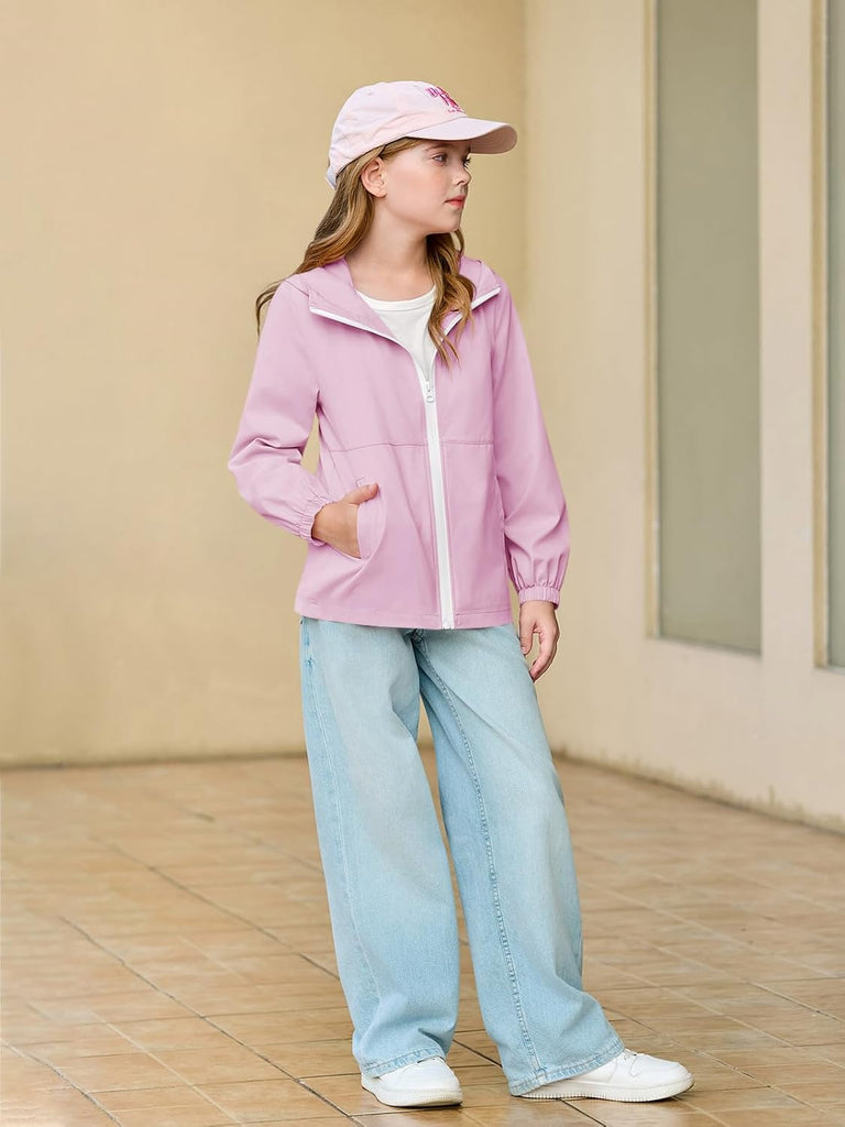 Girls Hooded Jackets Kids Waterproof Windbreaker Lightweight Rain Coats with Pockets