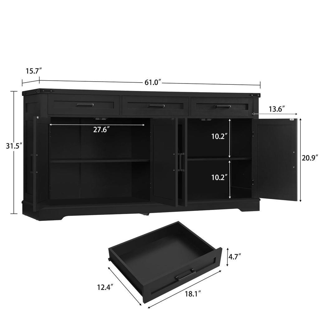 Buffet Cabinet, 61" Large Sideboard Buffet Storage Cabinet with 3 Drawers, Farmhouse Coffee Bar with 4 Doors, Black