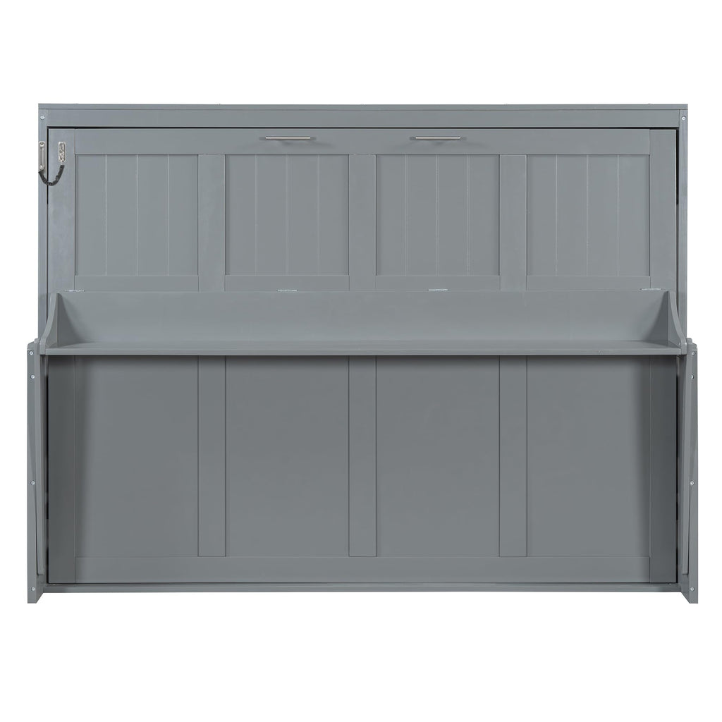 Queen Size Murphy Bed, Wood Murphy Wall Bed with Hydraulic Lift & Desk Design, Gray