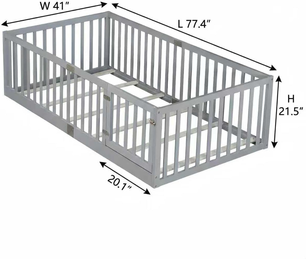 Twin Size Toddler Floor Bed with Door&High Rails, Grey