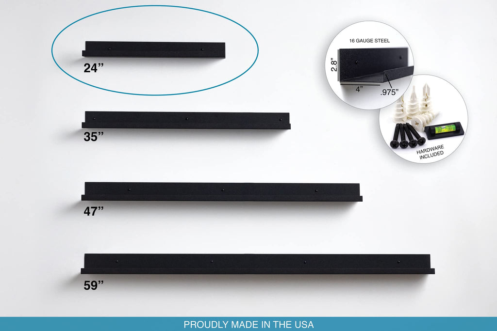24" Metal Floating Wall Shelf | Modern Black Powder-Coated Steel Ledge, Made in USA | Wall-Mounted Shelf