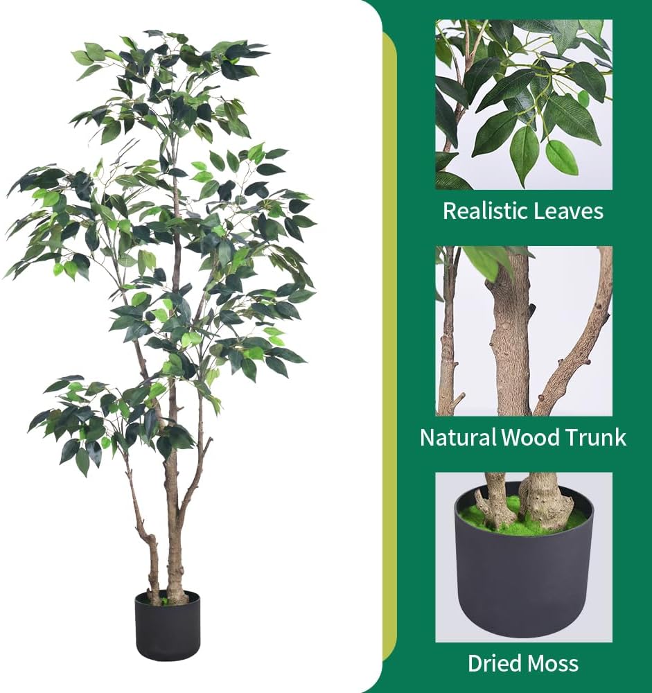 Artificial Ficus Tree 5Ft Faux Plant with Livelike Leaves Decor