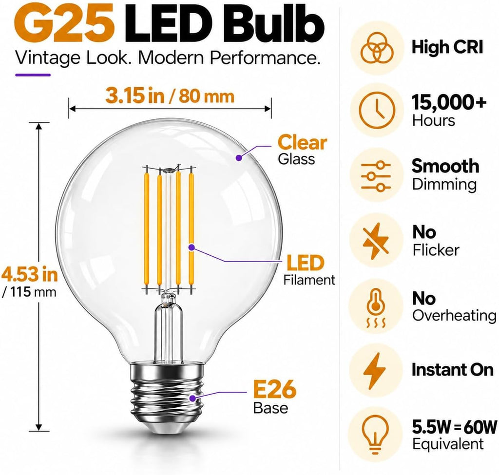 G25 LED Globe Light Bulbs for Vanity, 60W Equivalent Dimmable