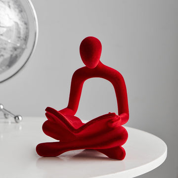 Red Reading Statue Decor, Modern Abstract Thinker Sculptures Decorations, Flocked Figurine Office TV Stand Shelf