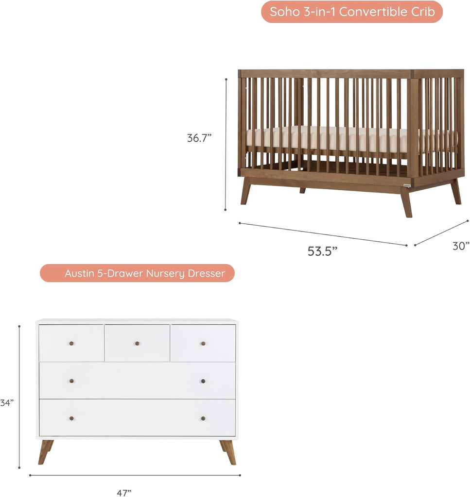 Harmony Crib & Dresser Set Nursery Furniture Combo, White/Walnut | Soho 3-in-1 Convertible, Beechwood, Made in Italy