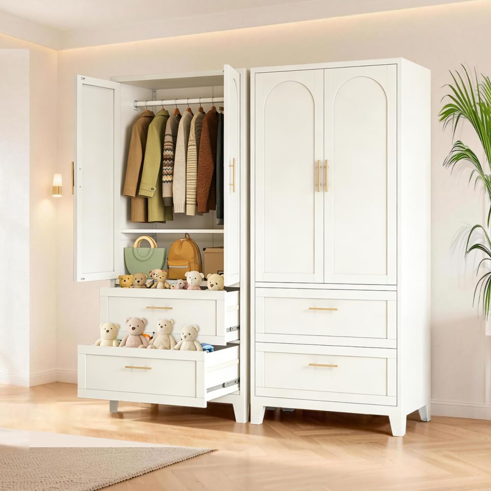71" Tall Metal Wardrobe Cabinet with 2 Drawers and Hanging Rod, 2 Doors Wardrobe Closet with Shelf (White + Steel)