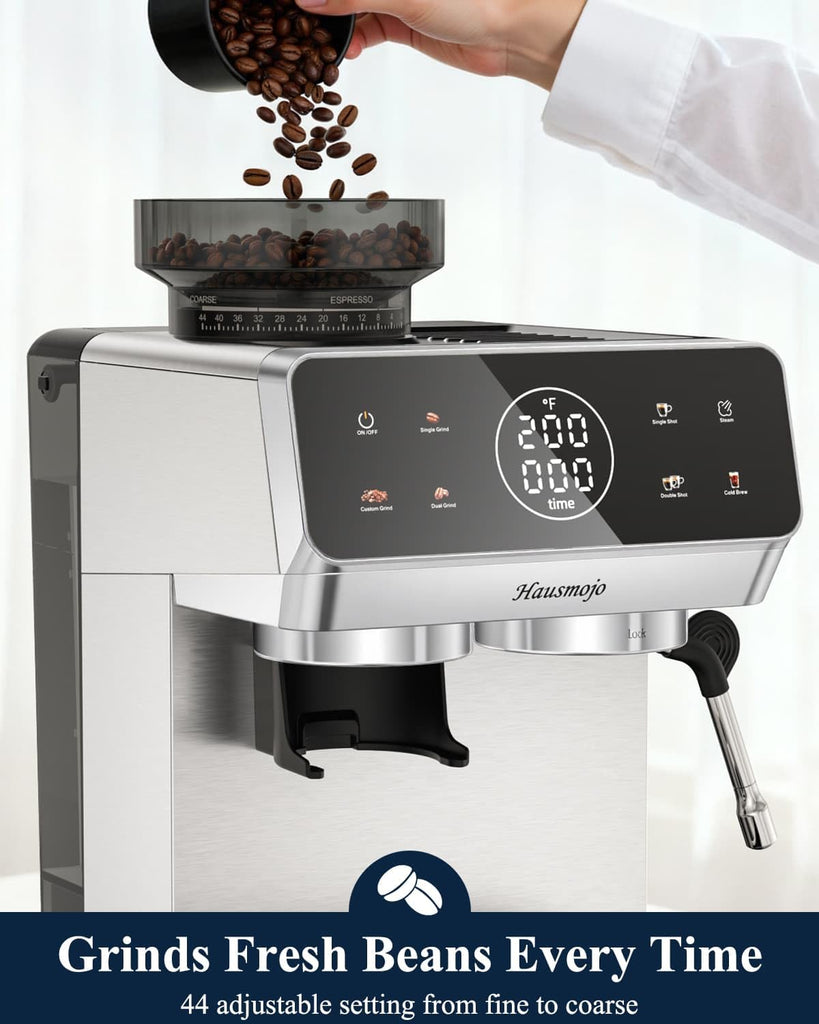 Espresso Machine with Built-in Burr Grinder, 44 Grind Settings & Steam Wand