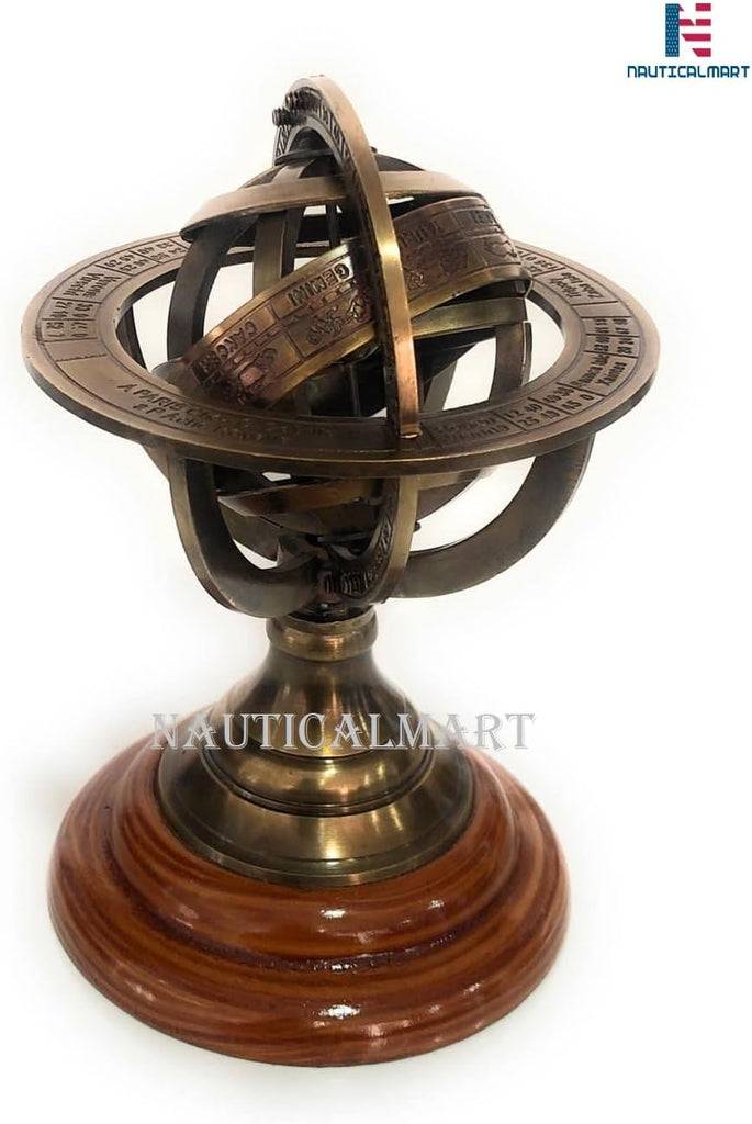 5" Nautical Brass Armillary Sphere World Globe Rosewood Base Table Decor