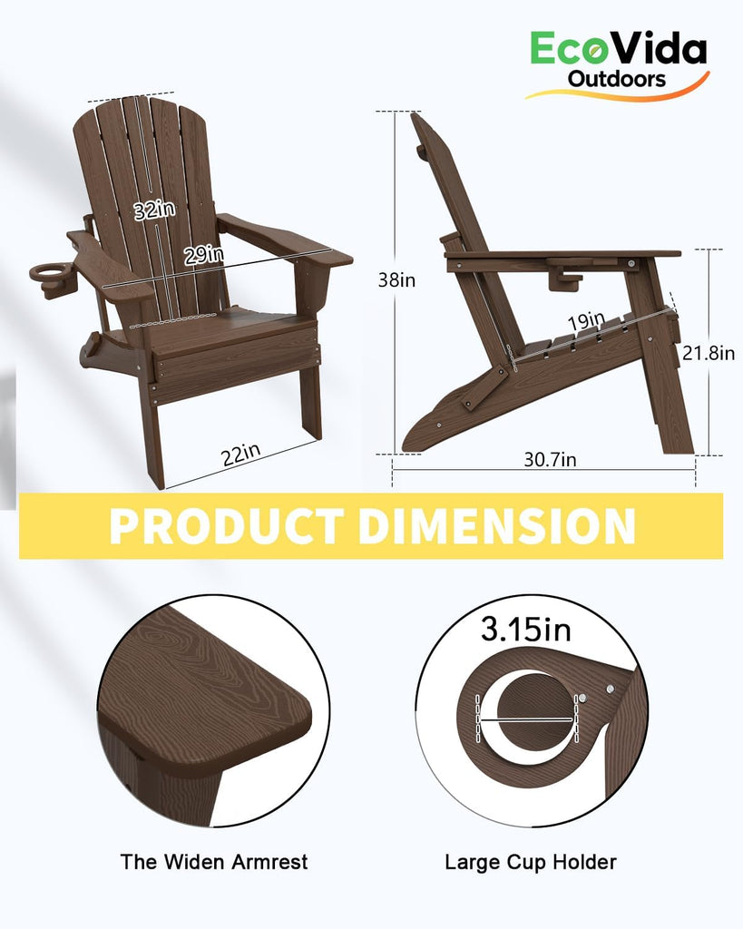 HDPE Folding Adirondack Chair with Cup Holder, Coffee | All-Weather Upgraded, Premium Wood Grain Texture,380lbs
