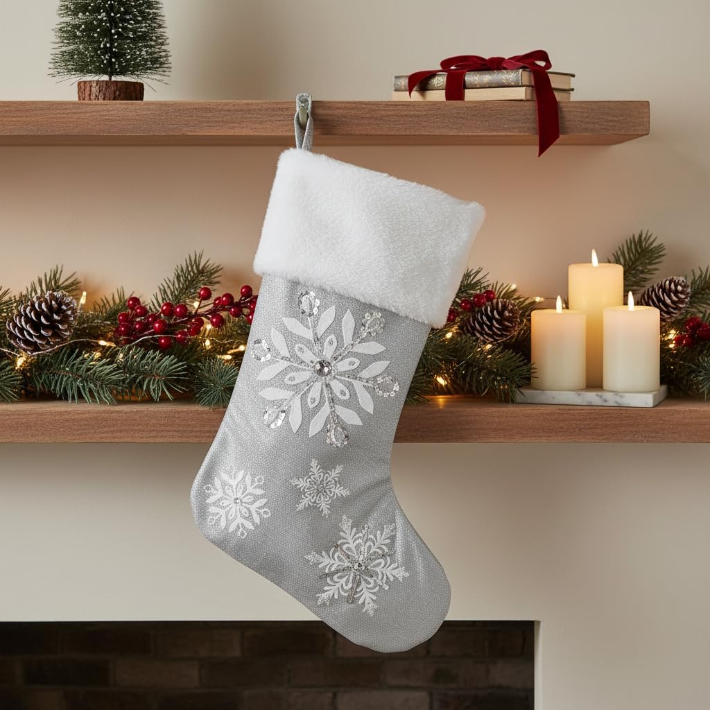 18" Silver Snowflake Christmas Stocking, Elegant Sequin Embroidery with Faux Fur Trim, Sophisticated Holiday Mantel